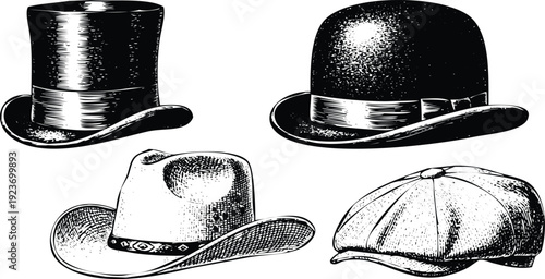 Vintage Hats Collection: Top Hat Cowboy Bowler Flat Cap Illustration