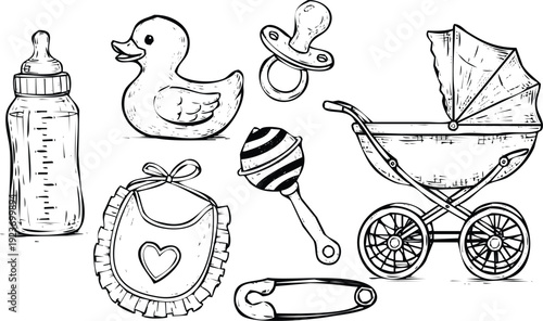 Baby Essentials Collection: Bottle Duck Bib Rattle Pacifier Stroller Safety PinHand Drawn Sketch