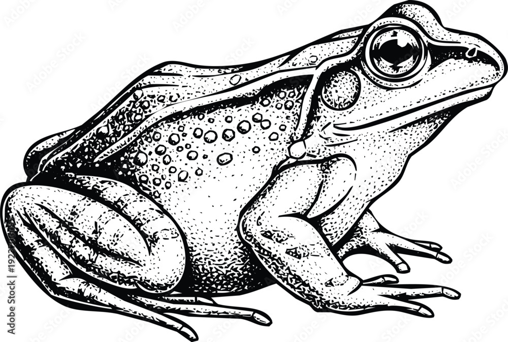 Naklejka premium Detailed Frog Illustration Side View Black and White Ink Drawing Isolated on White Background