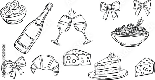 Celebration Food and Drink Icons: Champagne Cheese Croissant Noodles Cake Bows