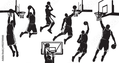 Silhouette of basketball players in various dunking positions action