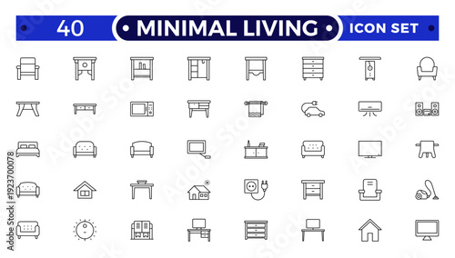 Minimal Living outline icon set. vector thin line outline symbols for ui/ux app and web interfaces. minimal stroke collection including clothes hanger, bookshelf, standing, decoration.