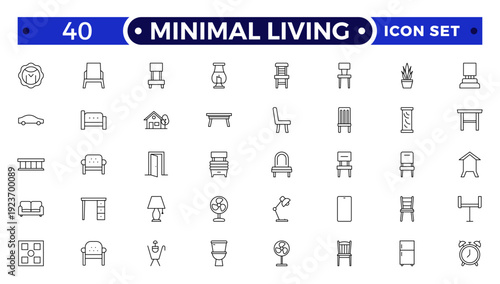 Minimal Living outline icon set. vector thin line outline symbols for ui/ux app and web interfaces. minimal stroke collection including clothes hanger, bookshelf, standing, decoration.