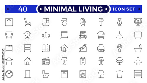 Minimal Living outline icon set. vector thin line outline symbols for ui/ux app and web interfaces. minimal stroke collection including clothes hanger, bookshelf, standing, decoration.