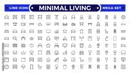 Minimal Living outline icon set. vector thin line outline symbols for ui/ux app and web interfaces. minimal stroke collection including clothes hanger, bookshelf, standing, decoration.