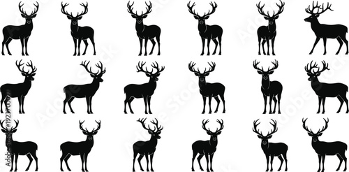 Deer silhouette collection, buck with antlers vector, forest wildlife icons, hunting season design elements, stag nature set, woodland animal graphics.
