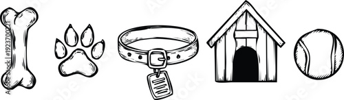 Dog Essentials Collection: Bone Paw Print Collar Kennel BallVector Illustration