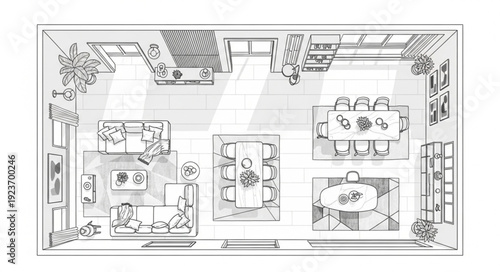 Detailed floor plan of a modern dining room and living space with furniture.