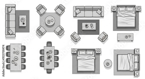 Overhead view of various furniture arrangements, showcasing interior design layouts and room planning.