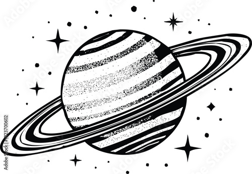 Striped Planet with Rings and Stars Outer Space Illustration
