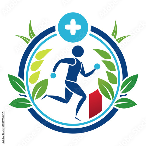 Healthy Runner with Medical Symbol and Natural Elements
