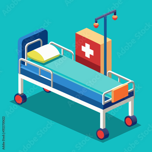 Hospital bed with medical equipment and IV pole