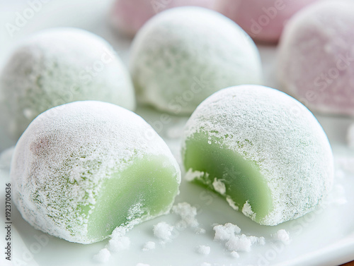 Soft and chewy green tea matcha mochi cakes dusted with white powder. One piece is cut open to show the smooth, translucent texture. Elegant Japanese sweet presentation.