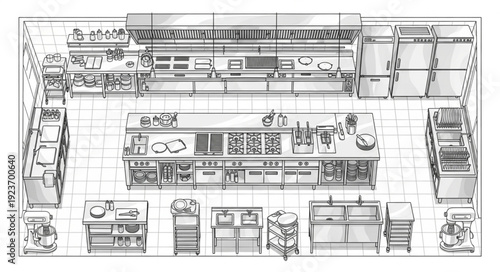 Detailed kitchen layout illustration showcasing various cooking and preparation stations.