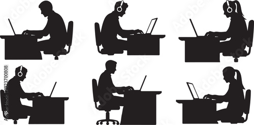 Silhouettes of people working on laptops in office settings