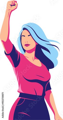 Confident woman with raised fist in modern outfit