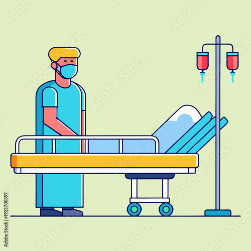 Medical Professional Tends to Hospital Bed with IV Drip