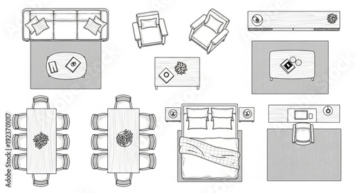 Top-down view of various furniture arrangements in a room layout.
