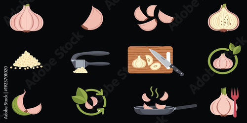 Garlic preparation steps in flat design icons