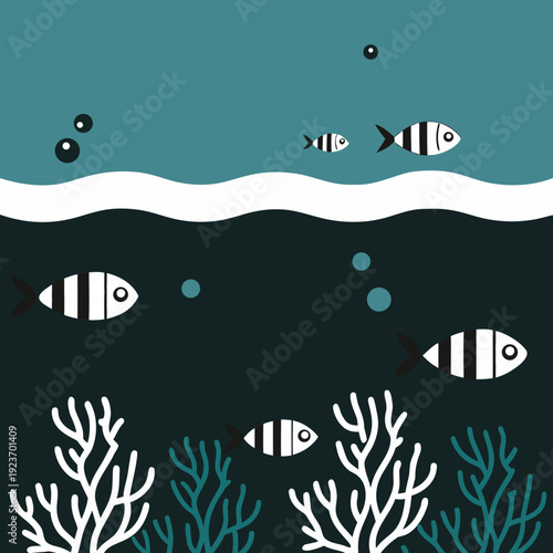 Striped fish swim in a dark ocean with coral