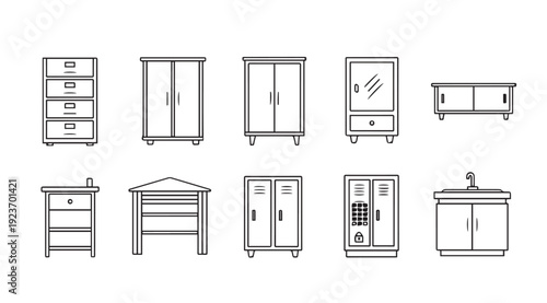Collection of Line Art Furniture Icons: Dresser, Wardrobes, Lockers, Cabinet, Sink