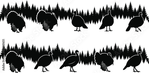 Wild turkey silhouette collection, forest pine tree background, hunting season design elements, poultry birds vector, nature wildlife landscape, woodland animal icons.