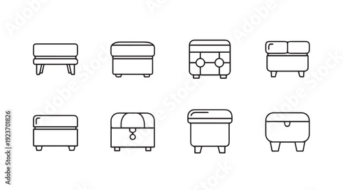 Collection of minimal line art ottoman and footstool icons, various styles