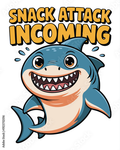 A cartoon of a chubby cute shark smiling with big teeth and water splashes