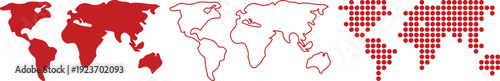 Three Red World Maps Showing Different Styles of Representation earth globe