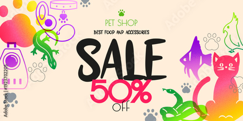 Banner, a web banner advertising discounts at a pet store. Background with silhouettes of animals and accessories for their maintenance and care. Retro grainy gradient design.