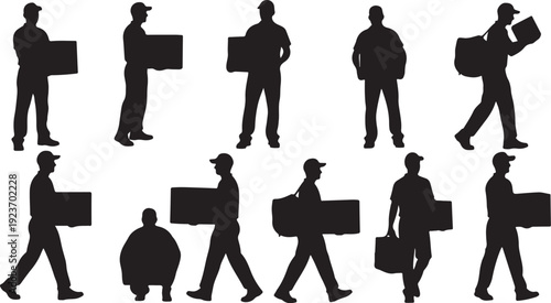 Silhouettes of workers carrying boxes in various poses and actions