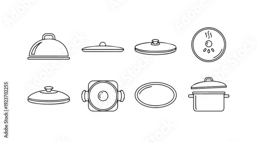 Collection of pot lids and cooking pots line art icons