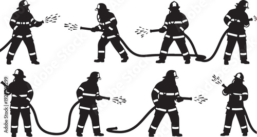 Firefighters in action with hoses and water spray silhouettes