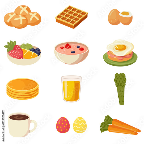 Set of Easter brunch food with eggs, hot cross buns and pancakes or waffles. Collection of fruit, spring vegetables, coffee and orange juice for a picnic or garden party isolated on a white background