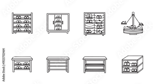Collection of Shoe Rack and Organizer Icons - Line Art Style