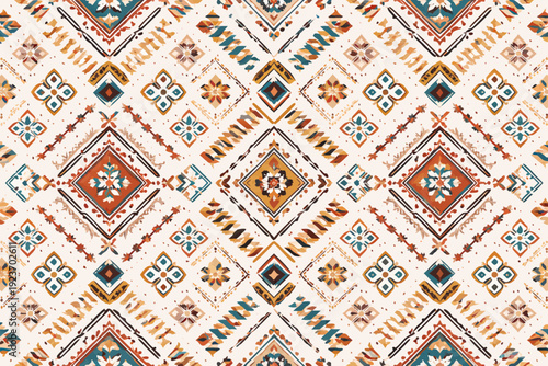 Vibrant geometric pattern featuring diamond shapes and floral motifs in a seamless design