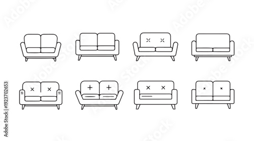 Collection of Sofa Icons Line Art, Various Designs of Couch Silhouettes for Interior Design