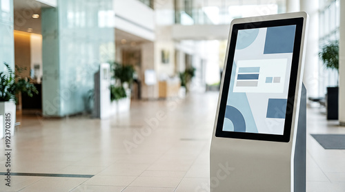 Digital Information Kiosk in Modern Office Lobby with Copy Space