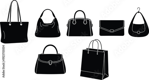 Black vector silhouettes of fashion handbags, luxury purses, tote bags, shopping bags, clutches, and satchels isolated on a white background.