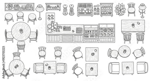 Detailed architectural floor plan showcasing various furniture arrangements and design elements.