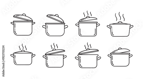 Cooking Pots Collection Icons with Steam, Isolated on White Background, Stock Illustration
