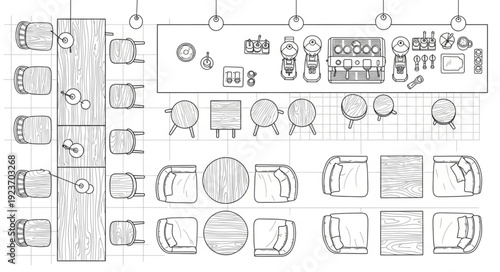 Top-down view of a restaurant layout with tables and chairs arrangement.