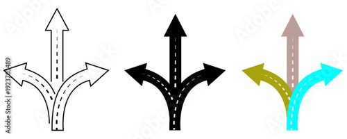 Three way road arrow icons set showing upward, left, and right paths, crossroads choice and navigation decision concept, simple direction pointer vector symbols isolated on transparent background