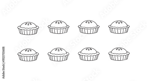 Eight Small Pies Pattern Line Art Illustration Isolated on White Background
