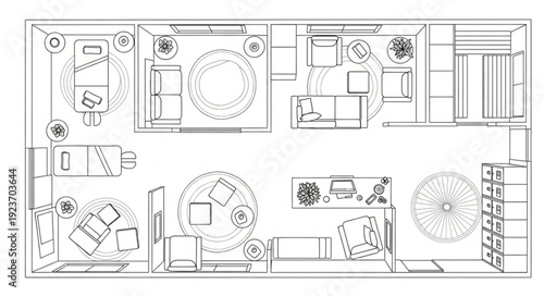 Detailed architectural floor plan showcasing interior design elements and room layouts for residential spaces.