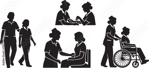Nurse and patient care silhouettes in various medical settings scenes
