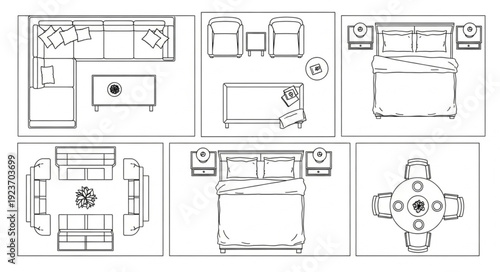 Floor plan layouts of various rooms with furniture arrangements for interior design.