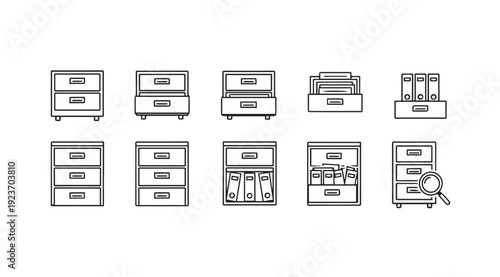 Filing Cabinet Icons: Open, Closed, With Folders, and Search Magnifying Glass