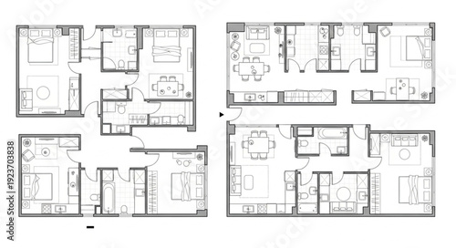 Architectural floor plans showcasing residential layouts and interior designs for homes.