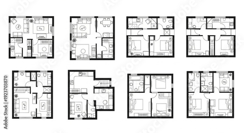 Architectural floor plans showcasing various residential layouts and designs for homes.